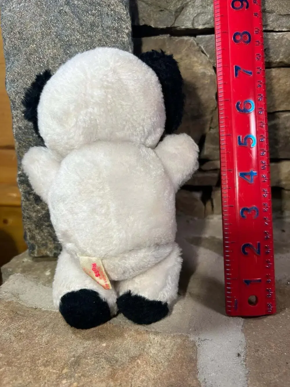 Vintage Russ Black and White standing Puppy Dog with black patch over eye